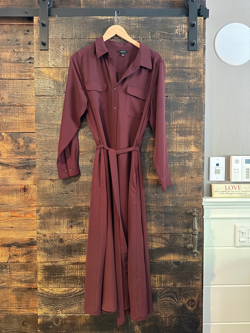 Alfani Burgundy Maxi Shirt Dress with Waist Tie